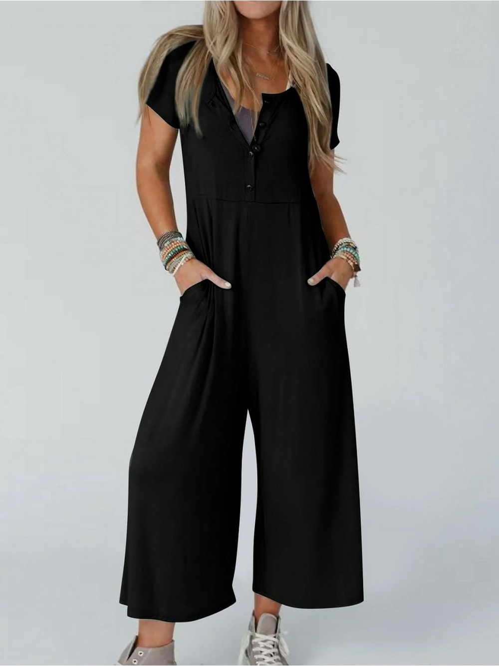 Three Bird Nest Women’s Black Short-Sleeve Wide-Leg Jumpsuit Size XL